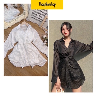 Set áo sơ mi xoắn eo tay dài + đầm trơn hai dây