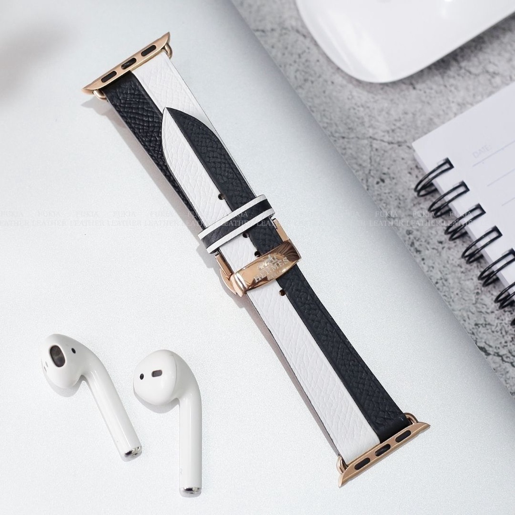 Dây da thủ công Epsom Đen Mix Trắng dành cho Apple Watch, đồng hồ thông minh, đồng hồ cơ