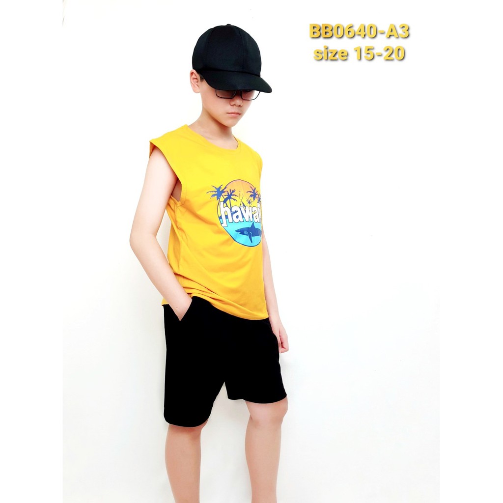 BB0640-A3 - Bộ bé trai cotton , sát nách , in chữ HAWAIL , màu vàng , size bự 15t-20t
