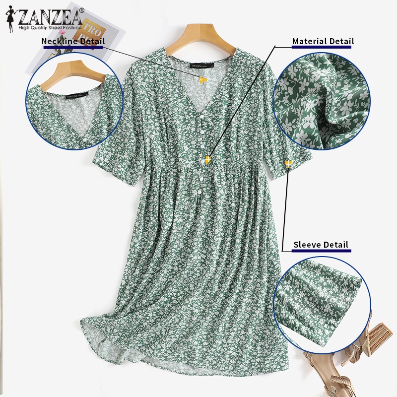 Zanzea Đầm Midi Tay Ngắn Cổ Chữ V Họa Tiết Hoa Phong Cách Châu Âu Thời Trang Cho Nữ