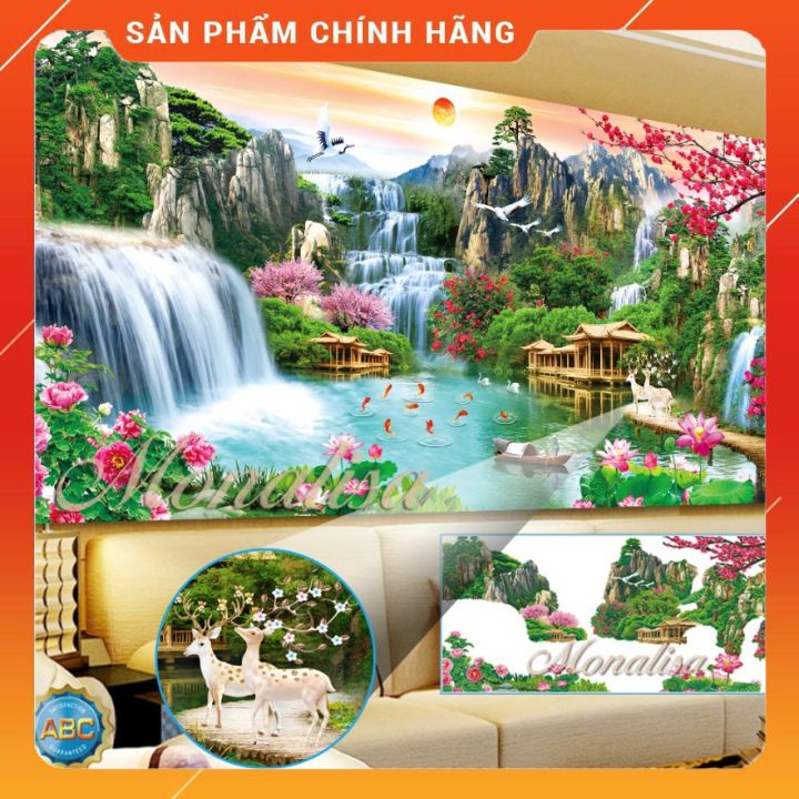 Tranh đính đá phong cảnh Lưu thủy sinh tài khổ lớn 200x90cm, 160x75cm full 30 mẫu tuyệt đẹp tranh đá cao cấp