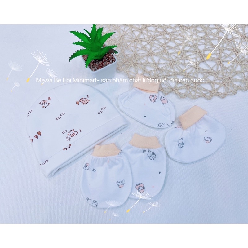 Set mũ nón, bao tay, bao chân sơ sinh Cún Con cotton mềm mại