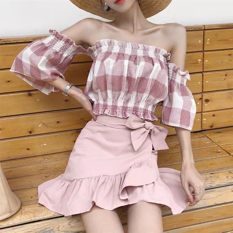 Áo croptop trễ vai phồng caro (CÓ ẢNH THẬT) | BigBuy360 - bigbuy360.vn