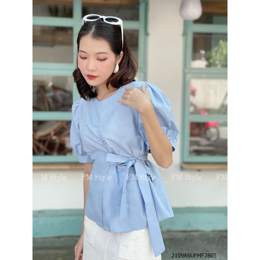 Áo kiểu nữ bánh bèo tay phồng thắt dây eo fmstyle, áo kiểu hàn quốc cổ tròn phong cách tiểu thư | Fmstyle Shop 220328426