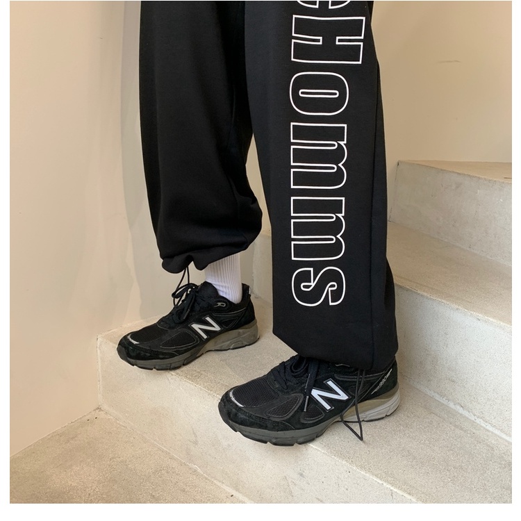 Quần thể thao cho nữ lưng cao ống rộng màu đen phong cách đường phố cổ điển