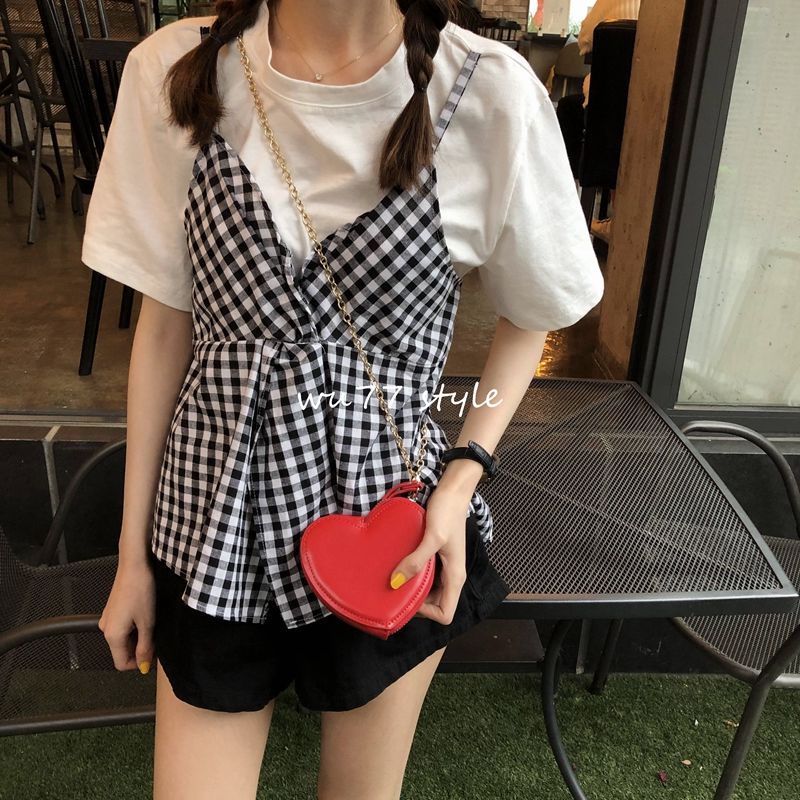 COZOK Áo Thun Tay Ngắn Dáng Rộng Phối Cà Vạt Sọc Ca Rô Thời Trang Hàn Quốc Cá Tính
