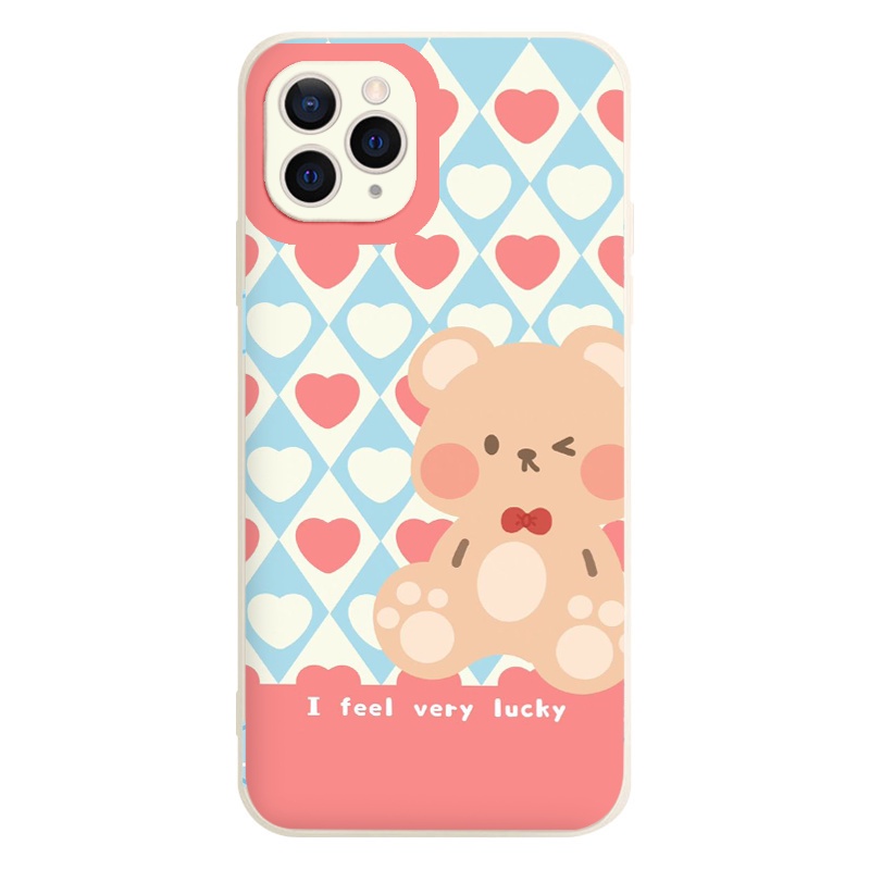 Ốp vuông iphone caro Gấu Nâu I feel very lucky cho iphone 6/6plus/6s/6splus/7plus/8/8plus/x/xr/xs/11/12/13/pro/max/plus