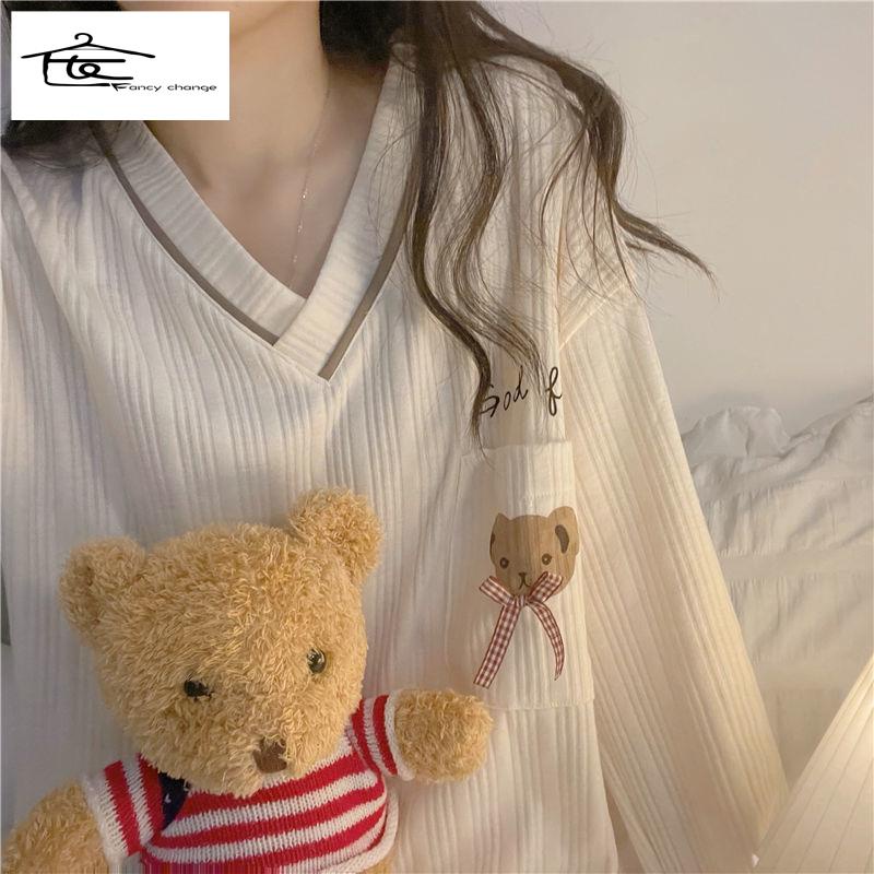 Bộ Đồ Ngủ Tay Dài Cổ Chữ V In Họa Tiết Gấu Dễ Thương Phong Cách Nhật Bản Cho Nữ