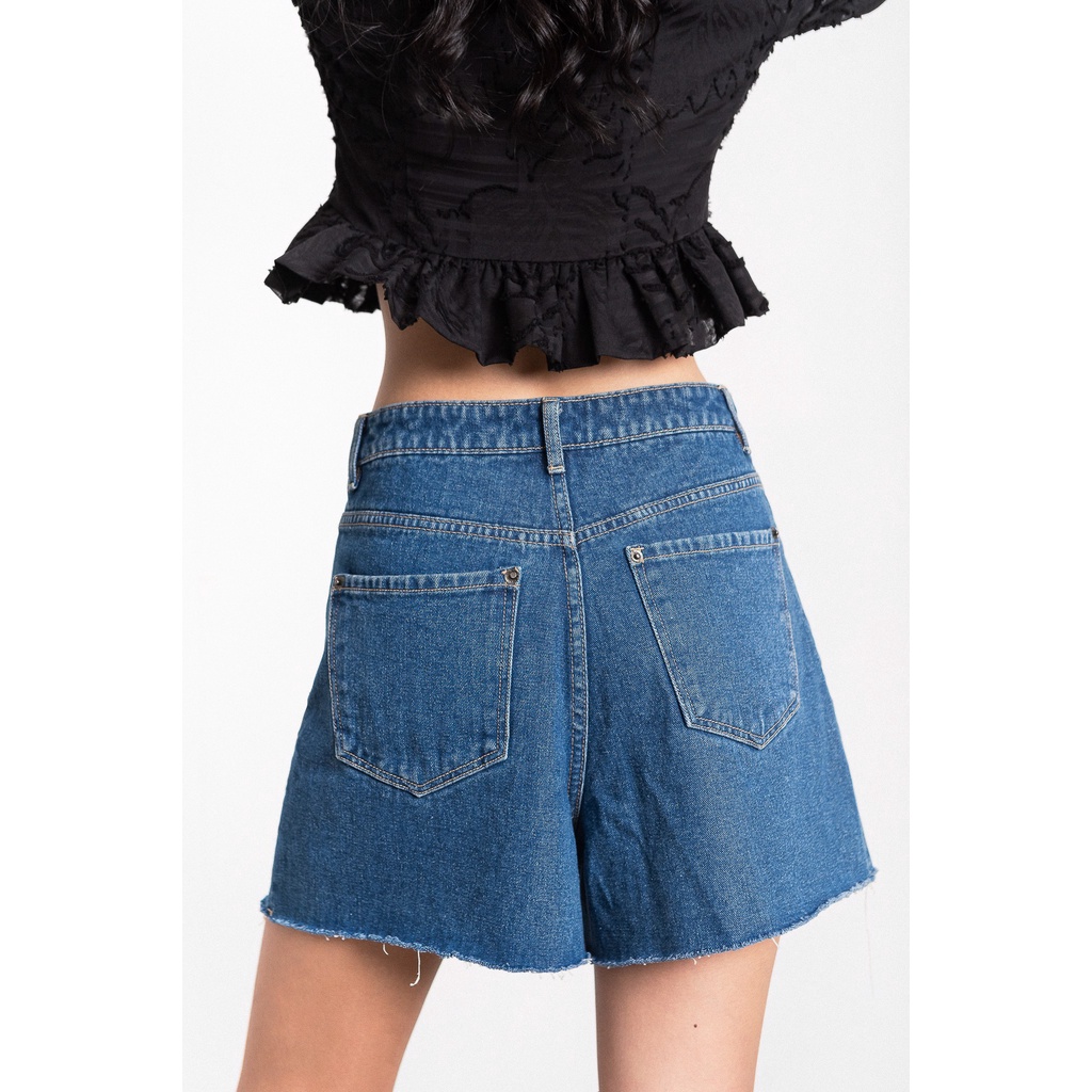 LIBÉ - Quần ngắn vải denim dáng suông ống rộng màu xanh dương