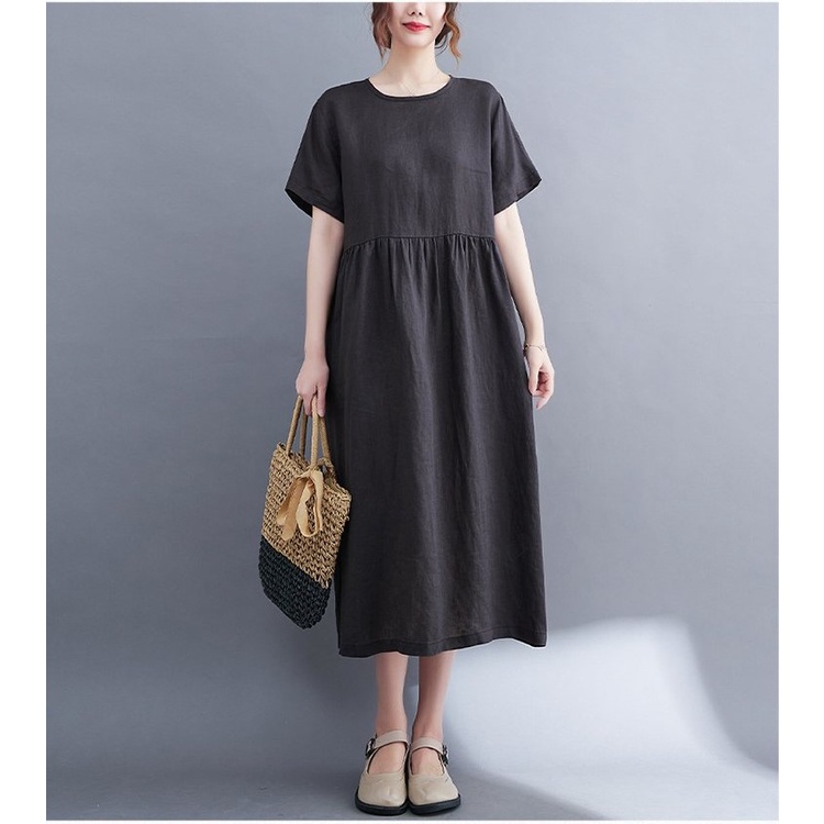 Đầm suông nữ dáng babydoll form rộng đơn giản vải đũi mát thời trang phong cách Nhật Bản