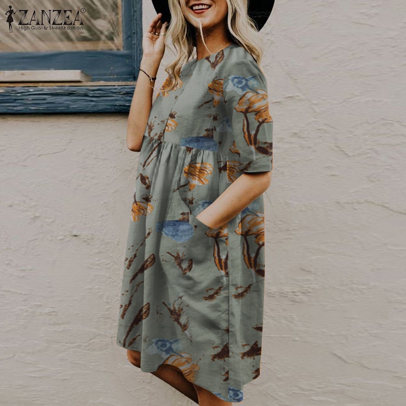 Đầm ZANZEA tay ngắn cổ tròn in họa tiết phong cách retro châu âu thích hợp cho nữ