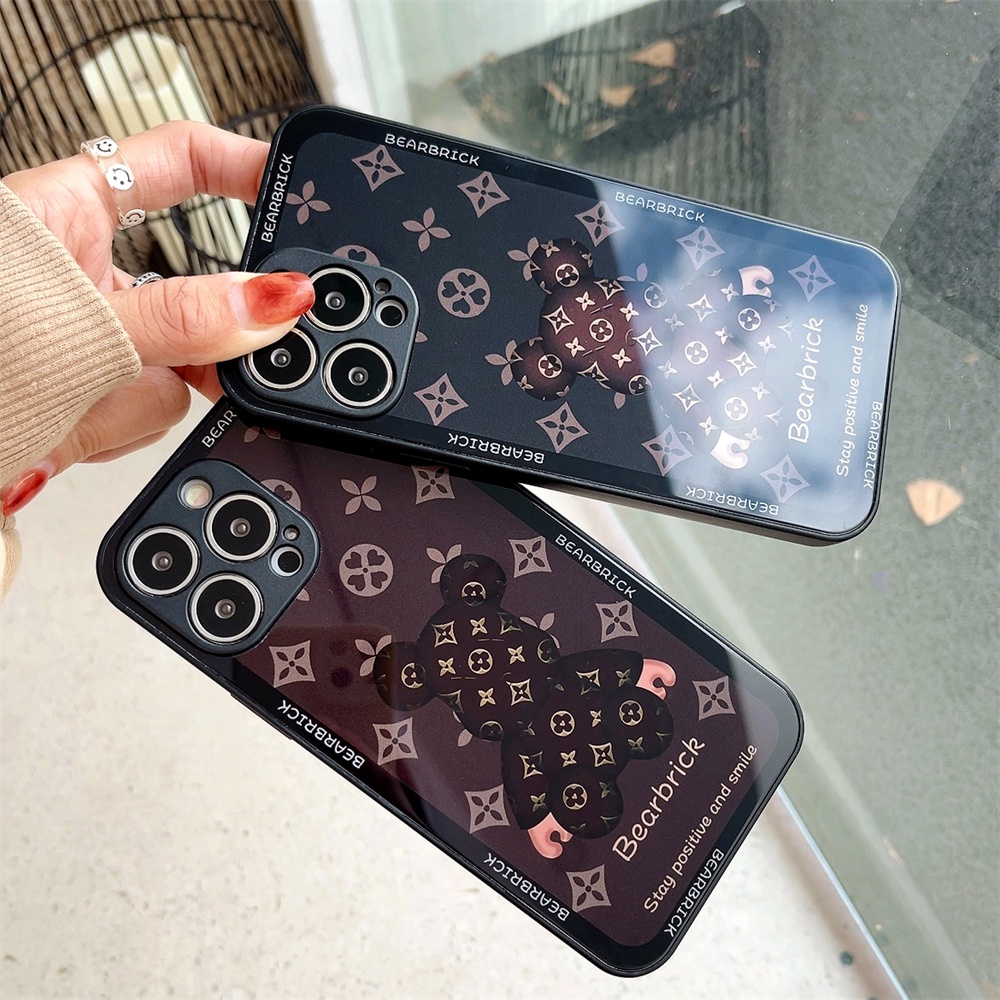 Ốp điện thoại mặt kính in họa tiết màu đen bảo vệ camera cho IPhone 13 12 11 Pro Max XS Max XR X 8 7 Plus