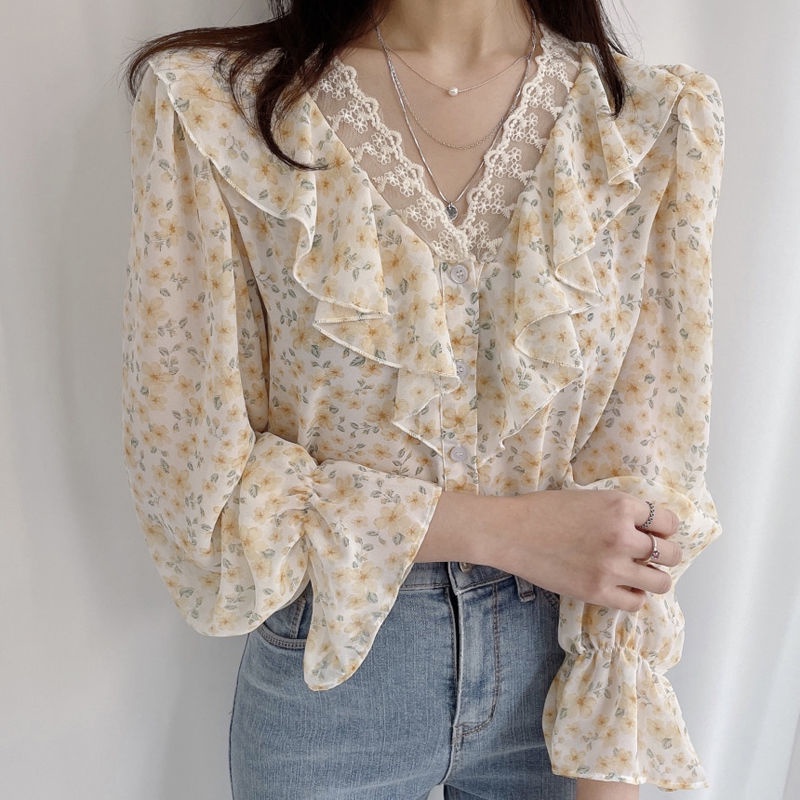 Áo chiffon BH tay dài cổ chữ V phối ren hoa phong cách Hàn Quốc