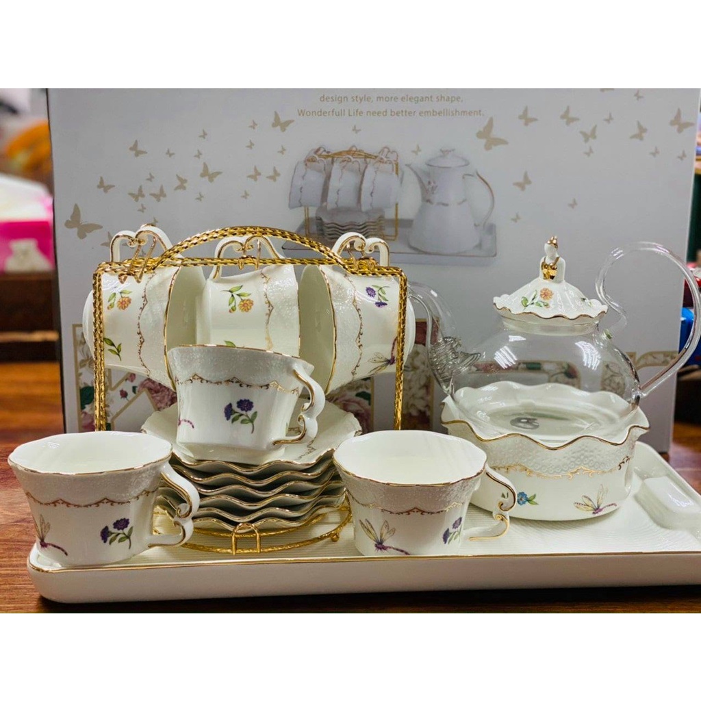 Bộ ấm chén kèm khay sứ pha trà hoa sứ xương cao cấp màu trắng công chúa viền vàng, sắc nét, độc đáo