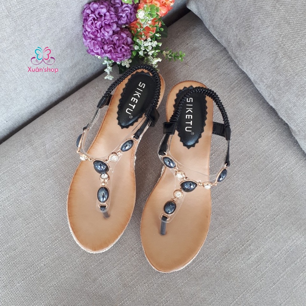 Giày sandal xỏ ngón Siketu, đế xuồng bọc cói cao 7cm (size 37-235)