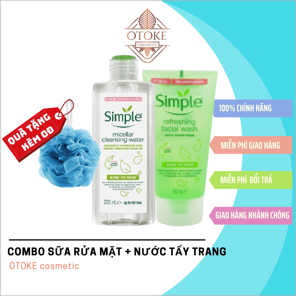 Combo 2 SIMPLE Nước Tẩy Trang Micellar Water 200ml + Sữa Rửa Mặt Dịu Nhẹ Refreshing Facial Wash 150ml