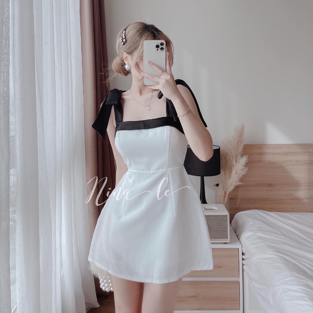 Đầm nữ cổ vuông hai dây nơ vai (Có mút), màu sắc (Trắng, Đen) xinh xắn cho nàng đi chơi, dự tiệc
