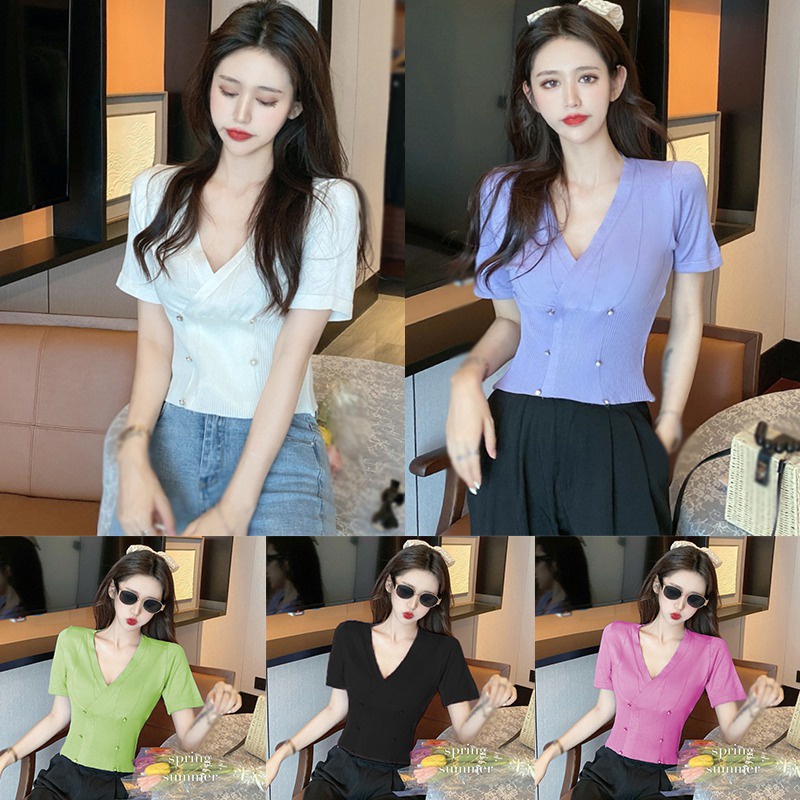 Áo Croptop Dệt Kim Màu Sắc Trơn Tay Ngắn Cổ Chữ V Phong Cách Hàn Quốc Cho Nữ