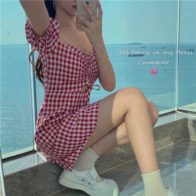 Váy kẻ caro đỏ nhún ngực ulzzang / Đầm đỏ caro