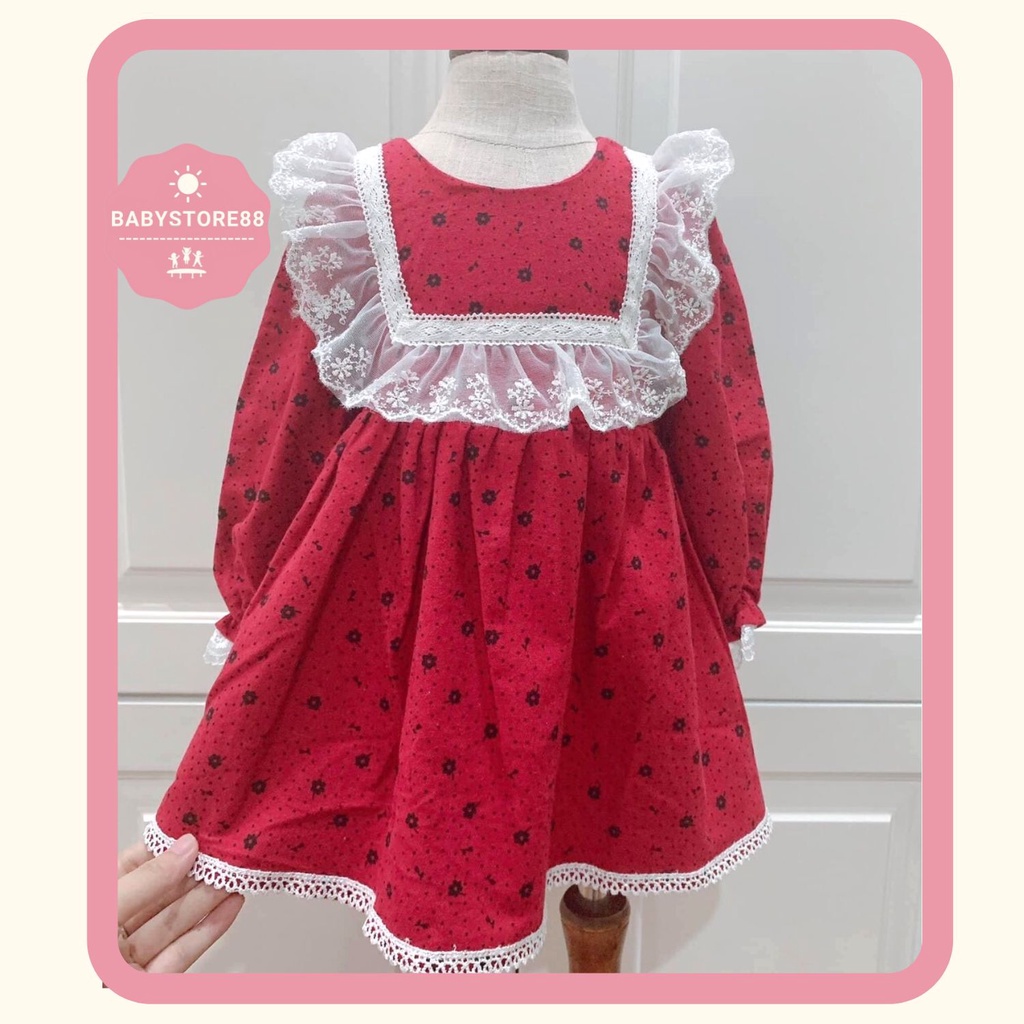 Đầm cho bé gái 3,4,5,6,7,8 tuổi Babystore88, Váy bé gái thu đông đỏ nhung dài tay hàng thiết kế V57