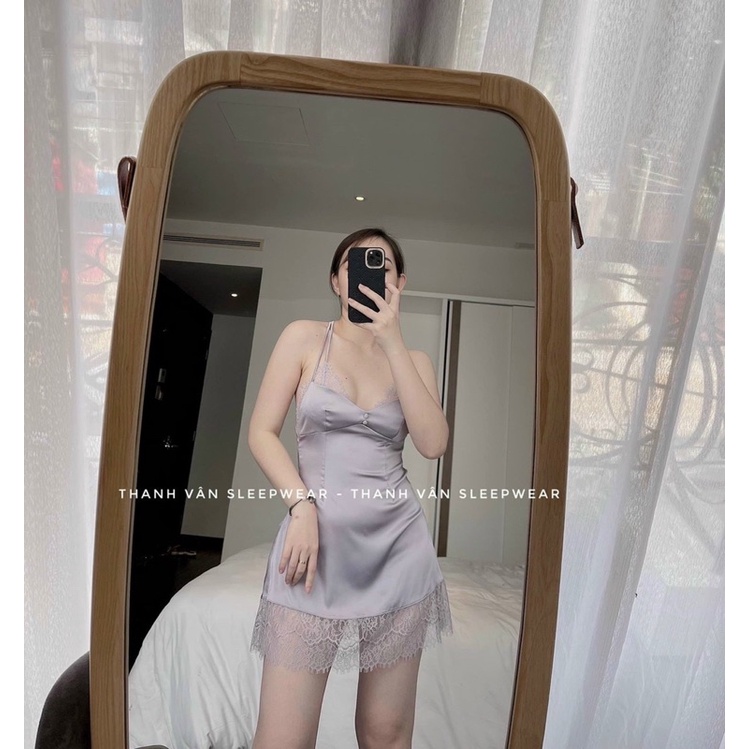 Sẵn full size Váy ngủ lụa 2 dây sexy 2 lơp ren ngưc Quảng Châu cao cấp SP095