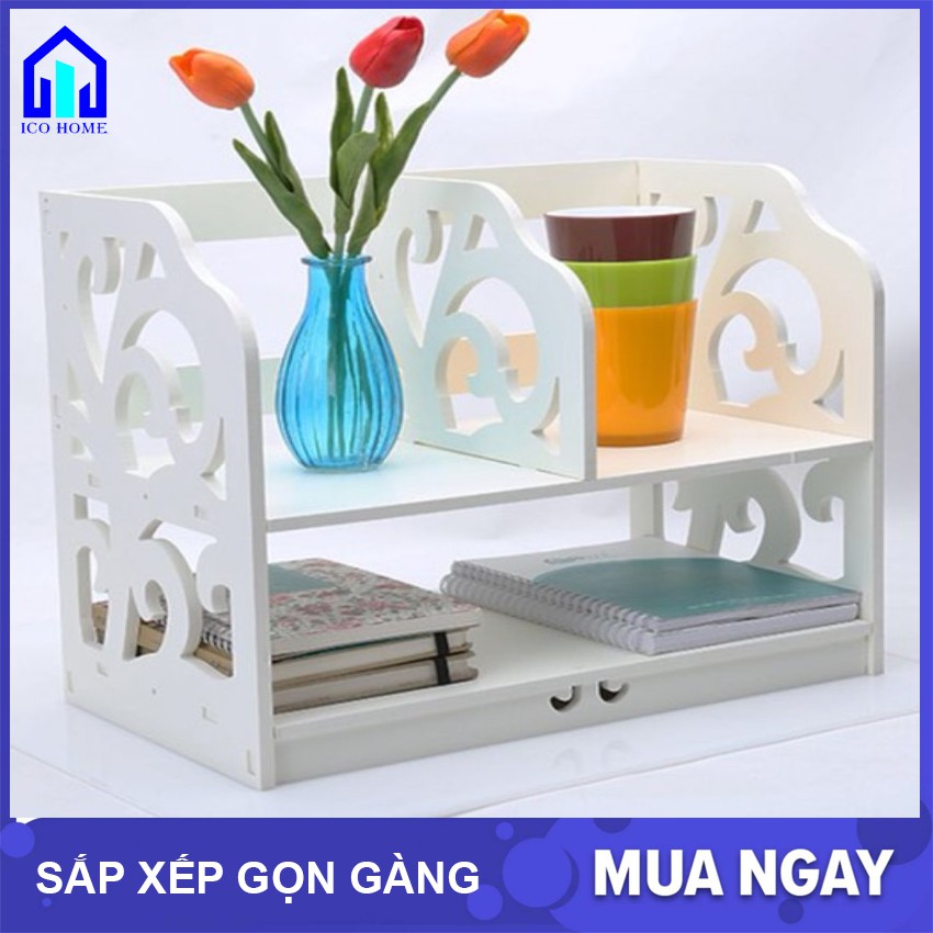 Kệ sách để bàn bằng gỗ hoa văn đẹp dễ dàng lắp ghép có nhiều ngăn, để bàn học bàn làm việc văn phòng - AMES SHOP