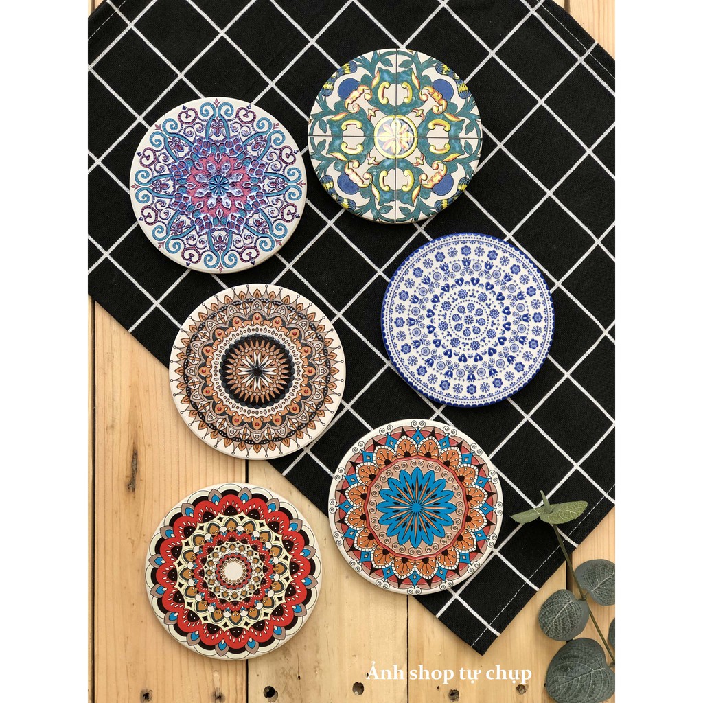 Đế lót ly, tấm lót cốc thấm nước bằng gốm cao cấp họa tiết Mandala | WebRaoVat - webraovat.net.vn