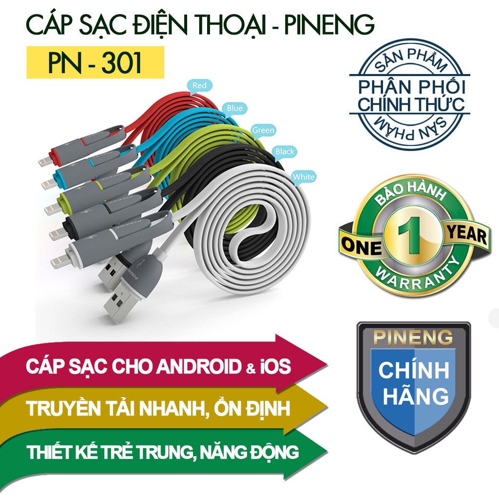 Cáp sạc điện thoại 2in1 PINENG PN-301 - Hãng Phân Phối Chính Thức