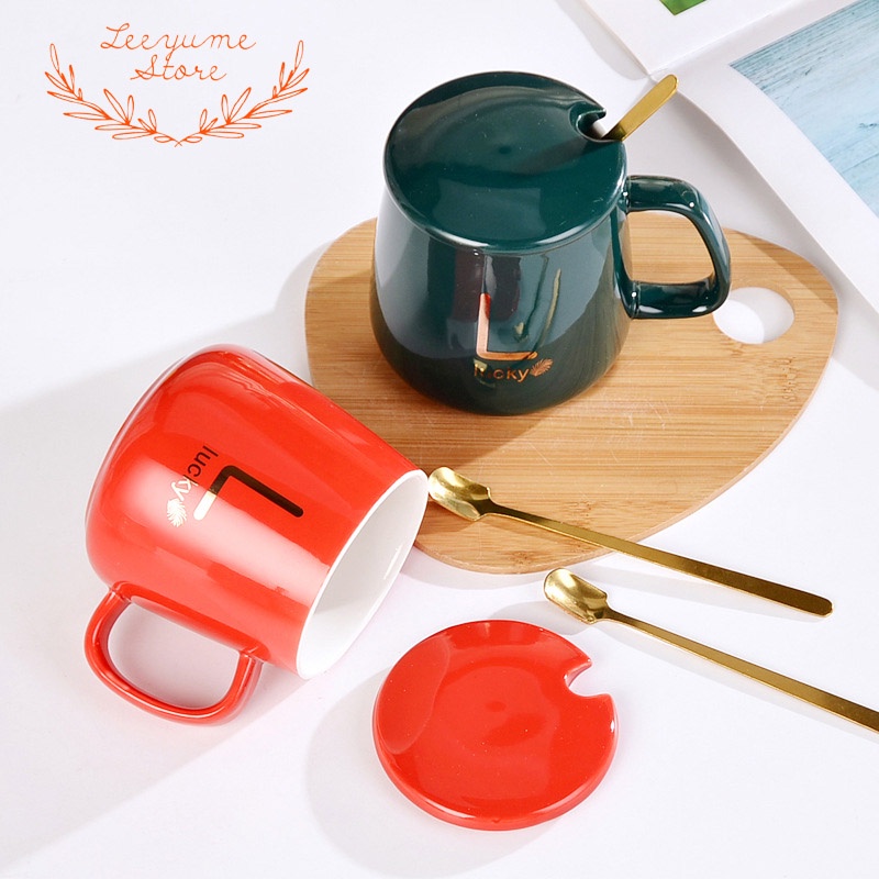 LY CÔC SỨ UỐNG CAFE, TRÀ CAO CẤP CÓ TAY CẦM KÈM NẮP VÀ THÌA VÀNG PHONG CÁCH HÀN QUỐC