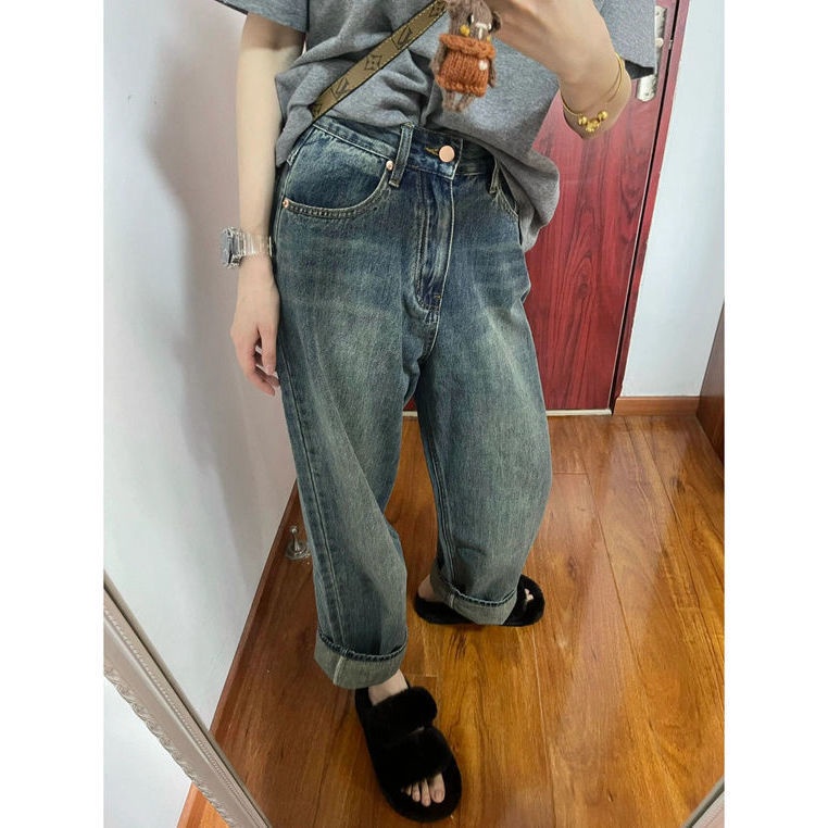 ❈Quần Jeans Dài Lưng Cao Ống Rộng Phong Cách Retro Mỹ Cho Nữ