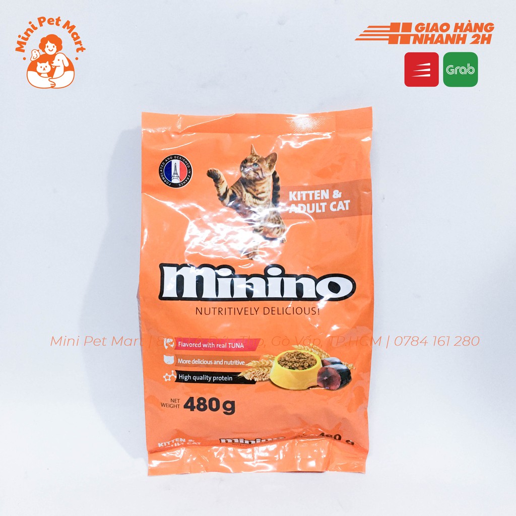 Thức ăn hạt cho mèo trưởng thành và mèo con MININO 480g - Vị cá ngừ