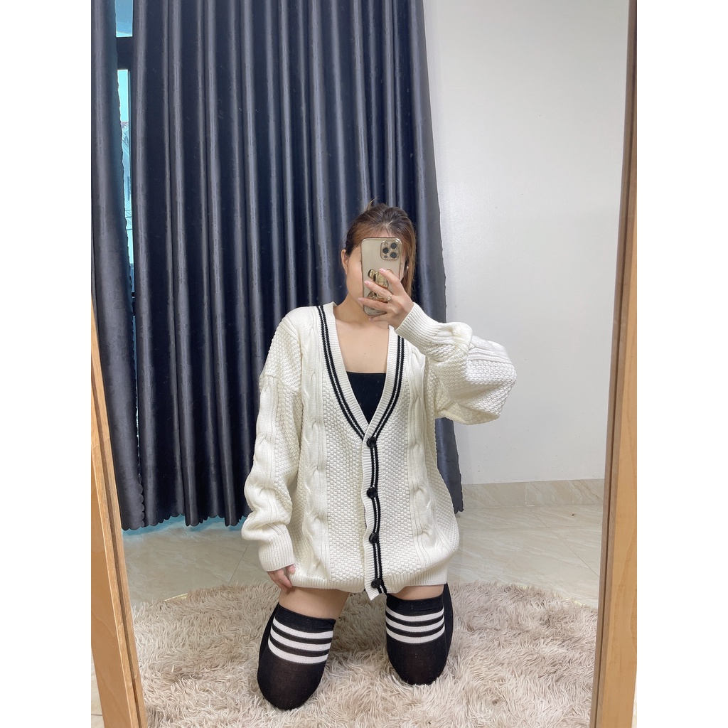 Áo khoác len Cardigan nữ viền đen phong cách Hàn Quốc form rộng chất đẹp dày dặn