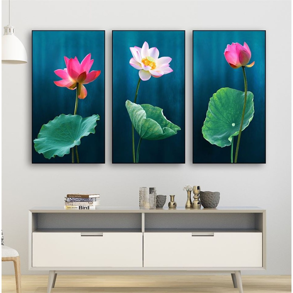 Bộ 3 Tranh Tráng Gương Treo tường Phong Thuỷ Hoa Sen, Liên Hoa Trước Gió