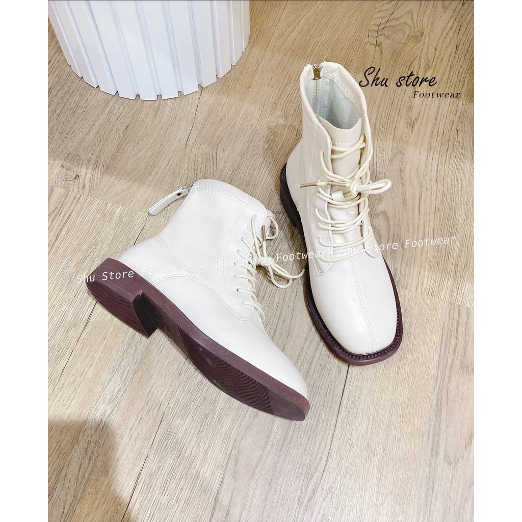 Giày Boot Nữ Cổ Cao Thắt Dây Có Khóa Sau Màu Trắng Đen Thời Trang Mới Cho Nữ Shu Store