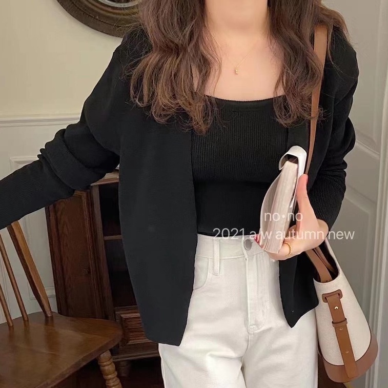 SUXI Set áo cardigan tay dài kẻ sọc và áo hai dây phong cách Hàn Quốc thời trang mùa thu