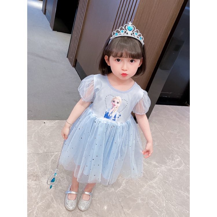 Váy xinh bé gái 1-7 tuổi đầm công chúa thời trang ngắn tay cầu vồng vải tuyn Frozen Elsa mùa hè cho bé trẻ em