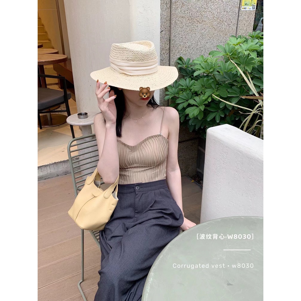 DUNEA Áo hai dây hở lưng gợn sóng có miếng đệm ngực thời trang dành cho nữ