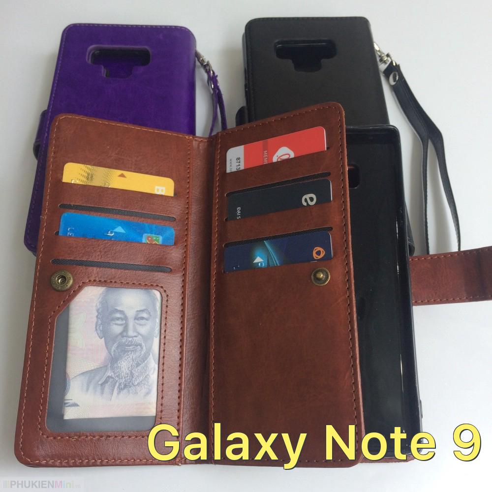 Bao da ví điện thoại kèm 2 ngăn đựng thẻ tiền, ốp lưng rời, nút cài nam châm cho Samsung Galaxy Note 9