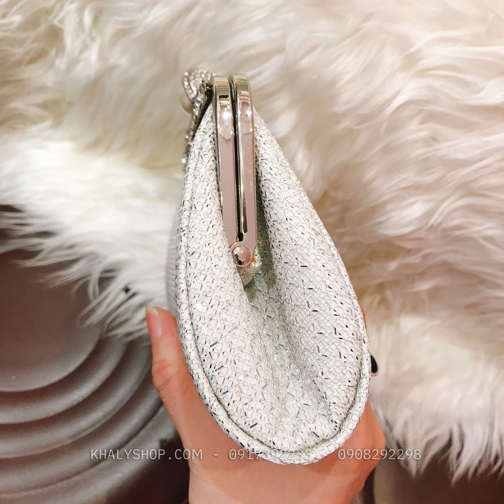 Bóp đầm clutch dạ hội dự tiệc sang trọng đeo chéo xách tay màu trắng, đen đan lưới kiểu khóa hột châu lấp lánh siêu xinh