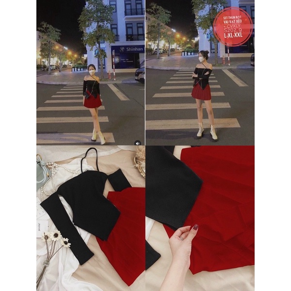 Set Bigsize áo bẹt vai dây chéo bún chân váy xếp ly