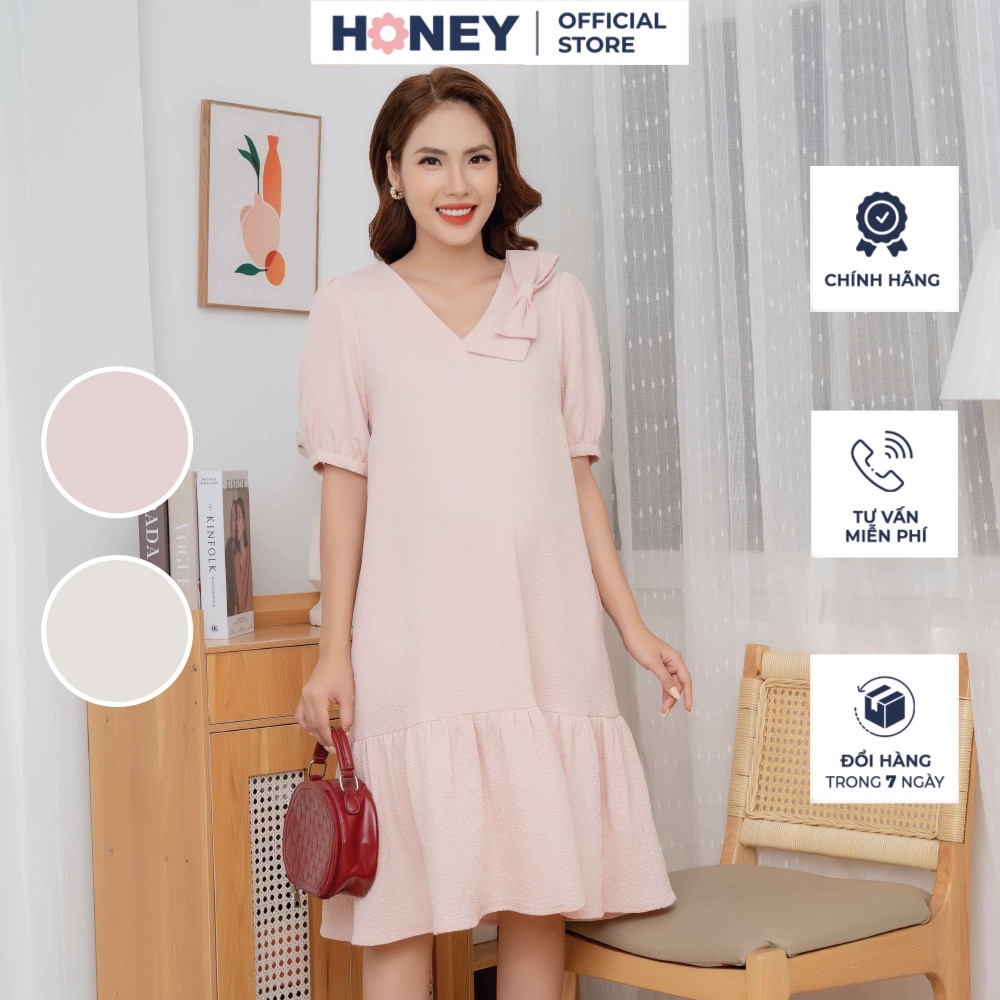 Váy, đầm bầu công sở kiểu dáng suông đuôi cá, tay lỡ cổ tim có nơ tạo kiểu - thời trang bà bầu cao cấp Honey