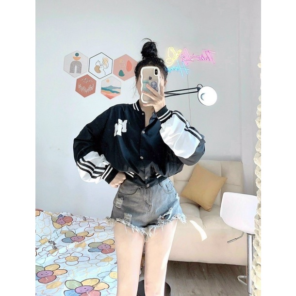 Áo khoác lửng croptop dù 2 lớp in MM phối sọc tay phồng cánh dơi unisex ulzzang nam nữ
