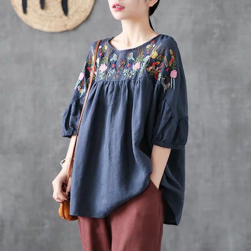 Áo Thun cotton Ngắn Tay Cổ Tròn Thêu Họa Tiết retro Xinh Xắn Cho Nữ