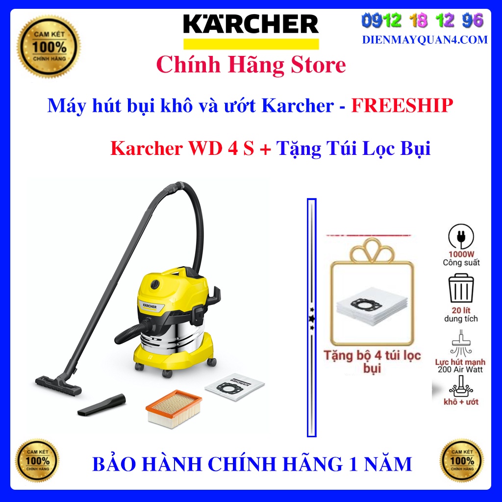 [Karcher WD 4 S]Máy hút bụi khô và ướt Karcher WD4S - Tặng 4 túi lọc bụi
