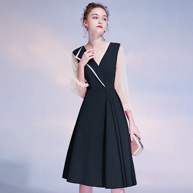 Đầm midi váy đen phối voan trắng (kèm hình thật)