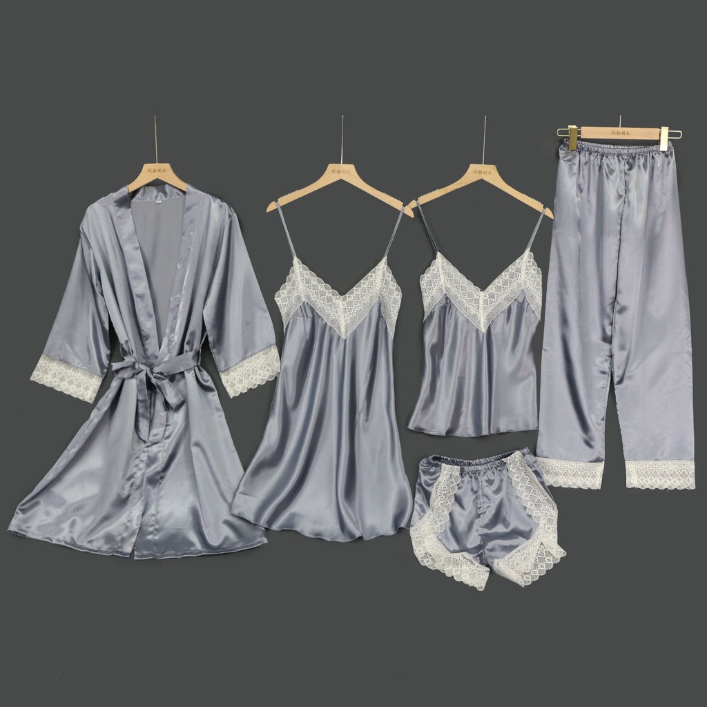 đồ ngủ Lụa Bóng Phối Ren Gợi Cảm Cho Nữ áo nữ đồ bộ pyjama pijama Đồ mặc nhà đồ ngủ nữ tiểu thư dễ thương lụa sexy cute bigsize dài tay hai 2 dây
