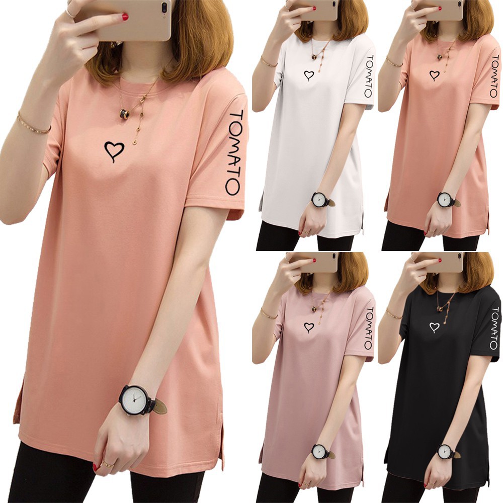 Áo thun tay ngắn in họa tiết trái tim và chữ cái phong cách đơn giản thời trang