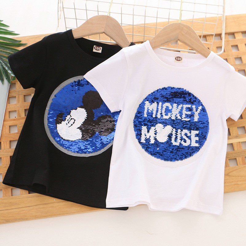 Áo thun Tay Cho Bé Ngắn Mùa Mickey cổ tròn in hình chuột Bé Gái 1-8Years