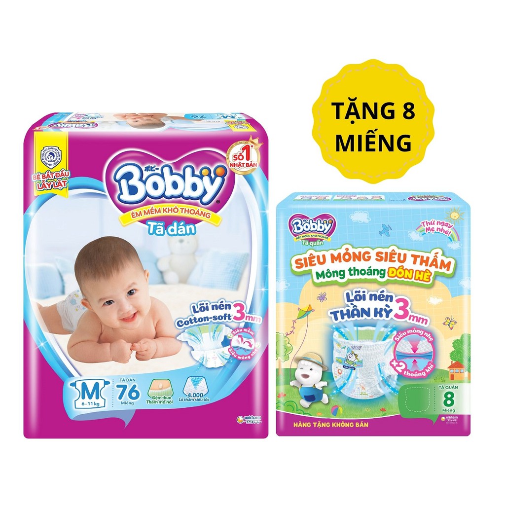 Tã dán Bobby Siêu thấm lõi nén Cotton soft 3mm M76 - Tặng 1 gói tã quần 8 miếng phiên bản mùa hè