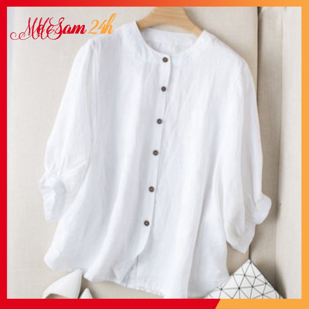 Áo sơ mi đũi nữ bigsize tay lỡ cổ tròn Mẹ Sam 24h chất liệu vải mềm mịn mát, form rộng che khuyết điểm SMH.34 | BigBuy360 - bigbuy360.vn